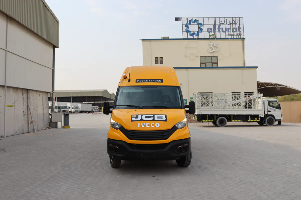 Completed mobile workshop van photographed head-on in the yard outside the Al Furat facility