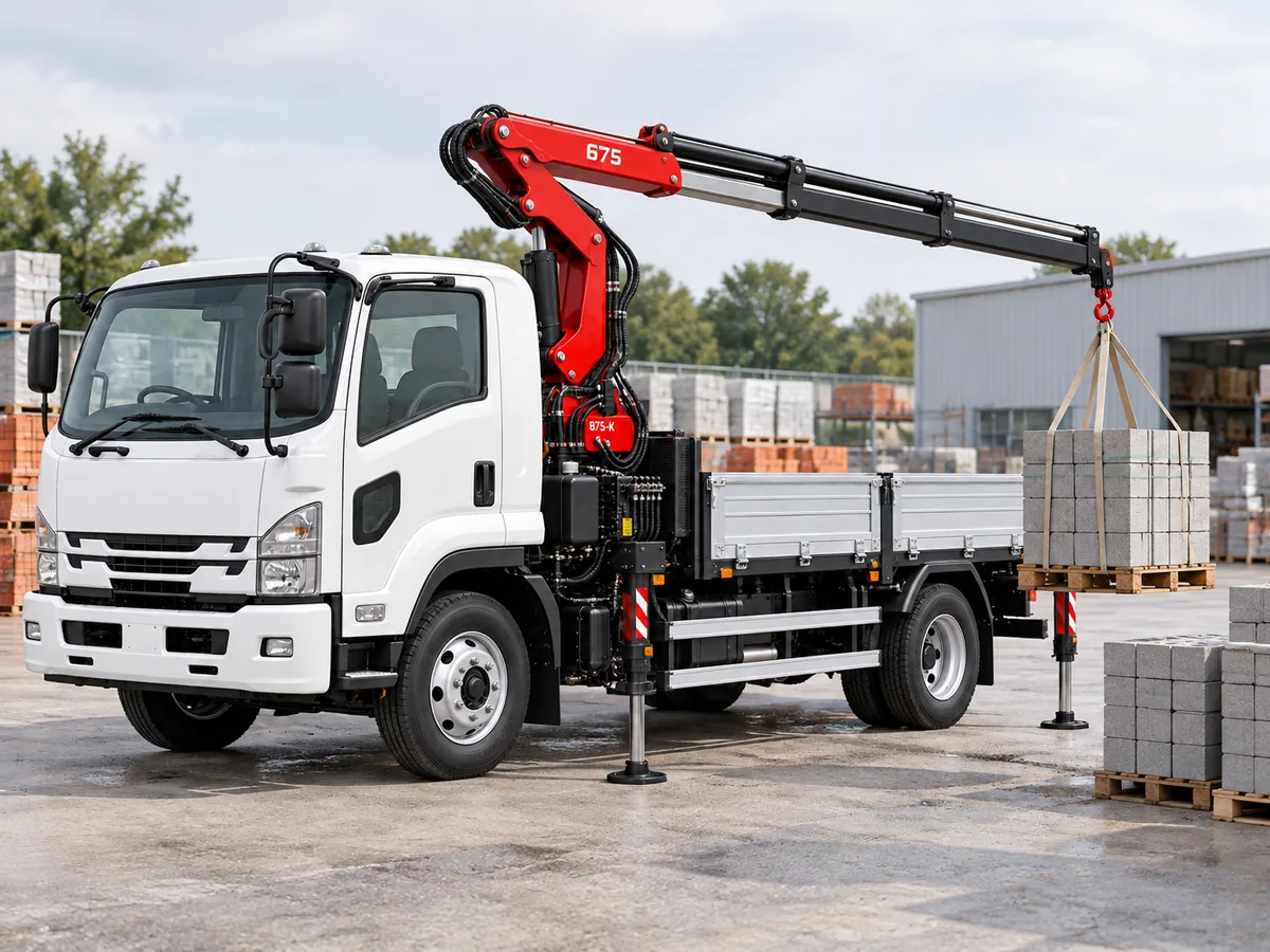 Red Hydrolift knuckle-boom crane on a flatbed truck lifting a palletised stack of concrete blocks on slings at a building-material supply yard, outriggers extended