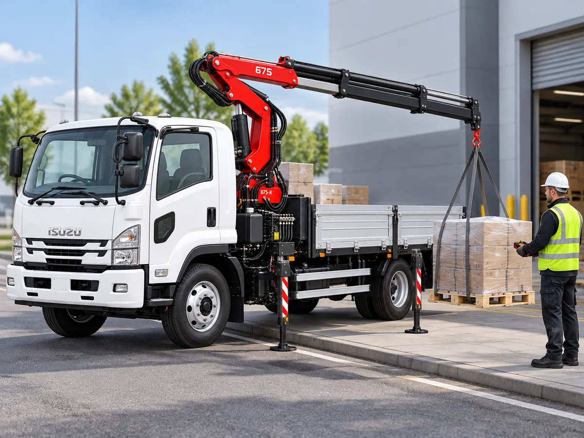 White flatbed truck with a red Hydrolift knuckle-boom crane making a kerbside delivery, lowering a wrapped pallet of boxed goods to a loading bay with outrigger legs deployed