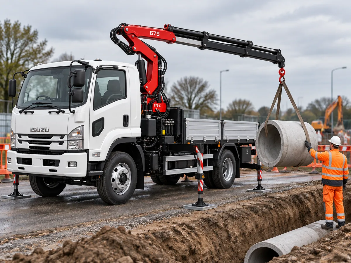 Red Hydrolift knuckle-boom crane on a flatbed truck lowering a large precast concrete pipe section into a roadside trench, outriggers deployed, worker in hi-vis guiding the load