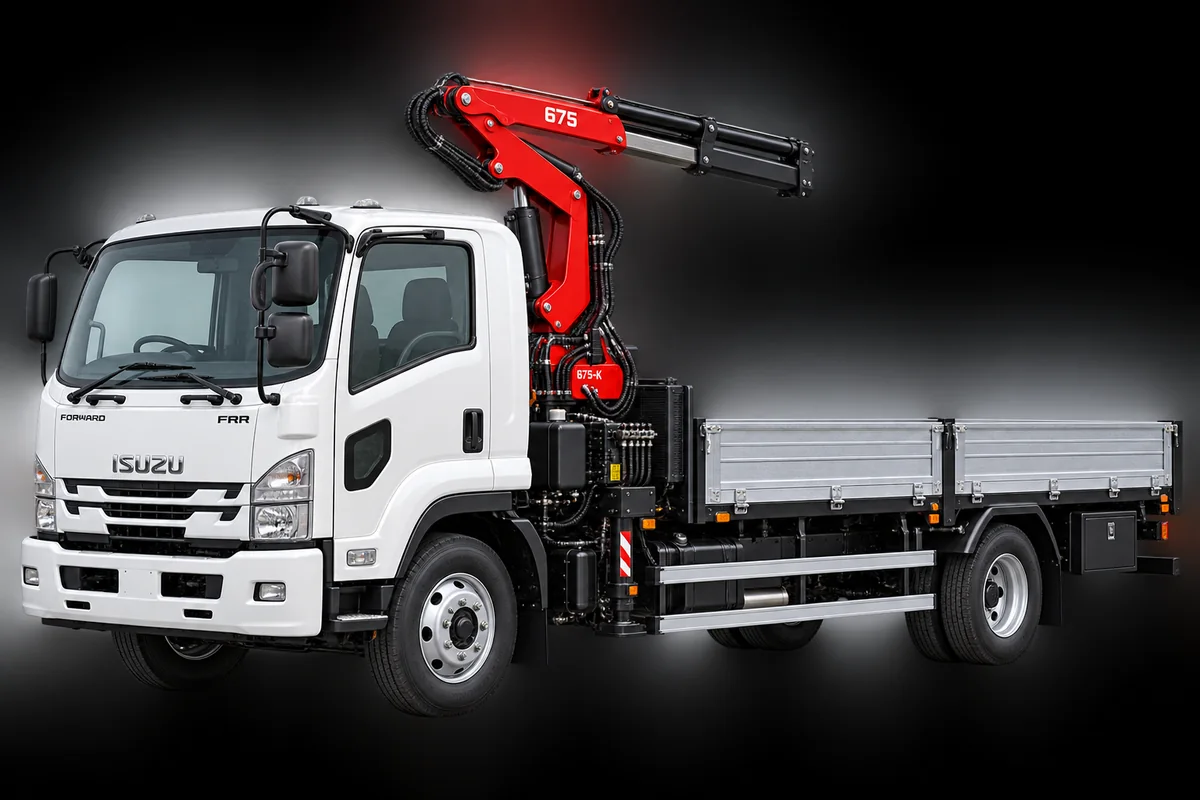 Hydrolift knuckle-boom crane mounted behind the cab of a flatbed truck — representative truck-mounted installation