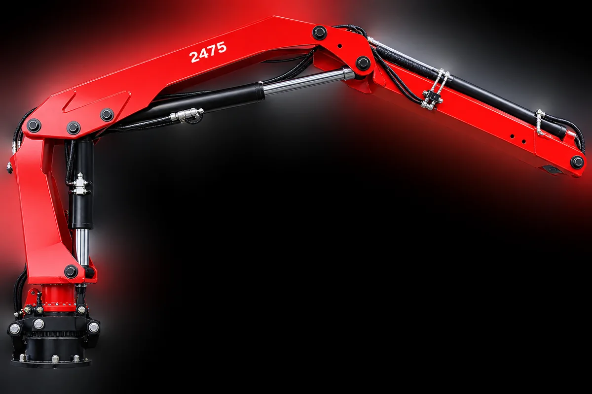 Hydrolift 2475 heavy-duty knuckle-boom crane raised, studio cutout against a dark background